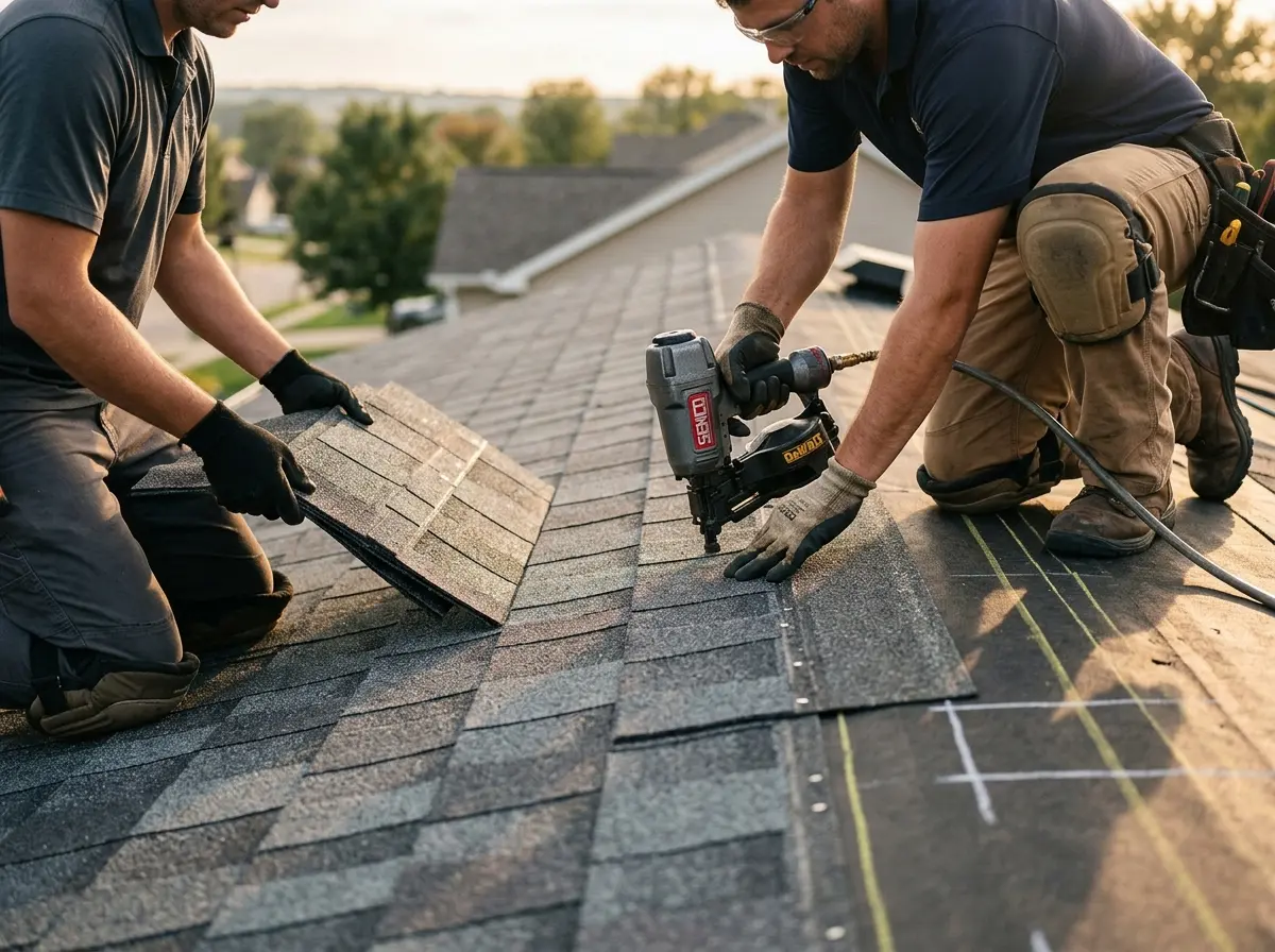Professional roofer working on a residential roof in North Miami